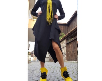 Asymmetric Black Cotton Tunic Dress / Long Sleeve Avant-Garde Midi Dress / Urban Extravagant Dress