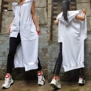 Lange kurze Weste/Kapuzenweste/Weiße Baumwollweste/Ärmellose Weste/Extravagante Weste/Weste für den Alltag/Asymmetrische Weste/Urban Woman Clothing