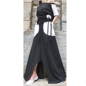 Asymmetric Black White Set/Short Sleeve Top/High Waist Skirt/Blouse Skirt Set/Party Two Piece Set/Casual Cotton Set/Everyday Designer Set