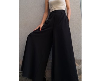 High Waist Wide Leg Pants – Elastic Waistband / Black Trousers with Side Stripe / Women’s Sporty Chic Pants with Pockets