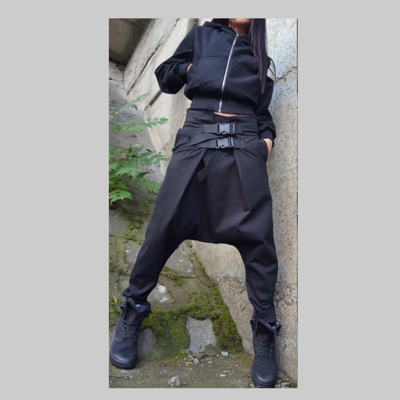 Black Drop Crotch Harem Pants with Buckles / Low Waist Urban Cotton Trousers / Avant Garde Streetwear Pants
