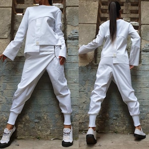 Extravagant White Set/Asymmetric Woman Outfit/Cotton Two Piece Set/Casual White Pants/Long Sleeve Blouse/Avantgarde Outwear Woman Set