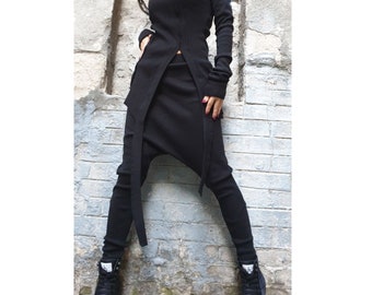 Asymmetric Cotton Rib Set — Avant-Garde Long Sleeve Top & Harem Pants / Black Urban Tracksuit / Extravagant Streetwear Outfit