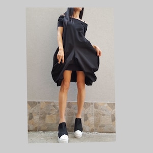 Party Woman Short Long Dress/Short Sleeve Tunic/Cotton Dress/Asymmetric Short Long Dress/Avant-Garde Tunic Dress/Extravagant Black Dress