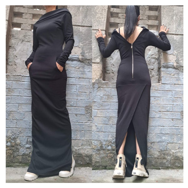 Extravagant Black Dress/Long Cotton Dress/Long Sleeve Dress/Body Zipper Dress/Side Pocket Dress/Back Slit Dress/Casual Street Black Dress