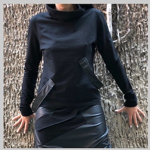 Turtleneck Top/Casual Comfortable Blouse/Long Sleeve Blouse/Blouse with Eco Leather/Everyday Black Blouse/Extravagant Black Blouse