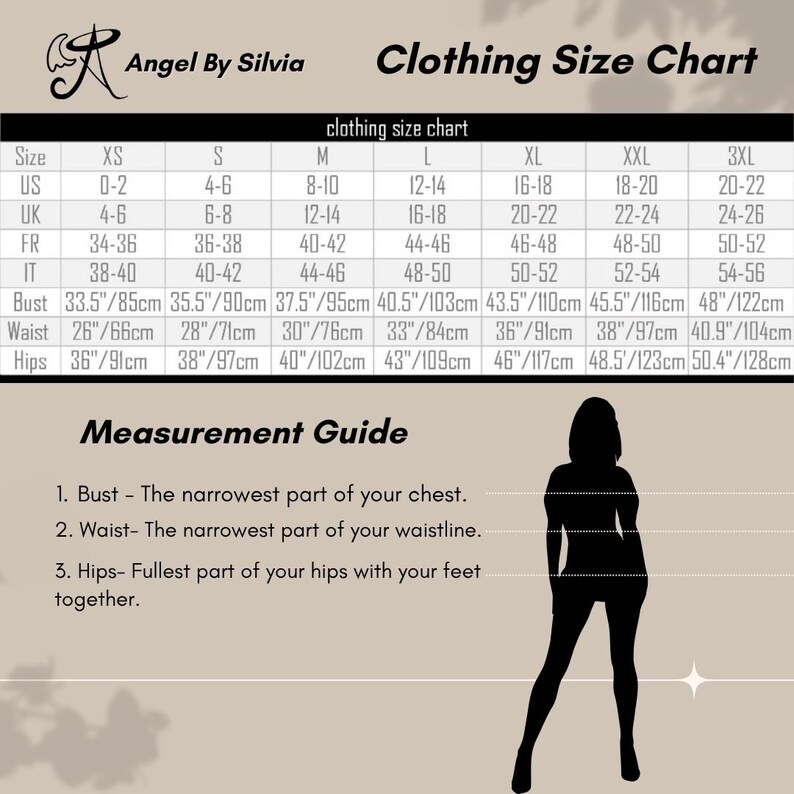May include: Clothing size chart with measurements in centimetres. Includes bust, waist, and hip measurements for sizes XS to 3XL. The chart also provides a measurement guide for bust, waist, and hips.