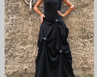 Asymmetric Black Cotton Dress with Buttons / Sleeveless Avant-Garde Maxi Dress / Minimalist Artwear Women Dress