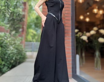 Black Wide Leg Jumpsuit for Women / Sleeveless Cotton Jumpsuit with Zippers / Avant Garde Black Romper / Urban Designer Outfit