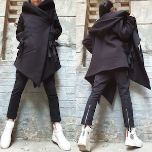 Extravagant Coat/Asymmetric Black Coat/Casual Warm Coat/Designer Woman Clothing/Hooded Coat/Outer Pockets Coat/Everyday Coat/Urban Clothing