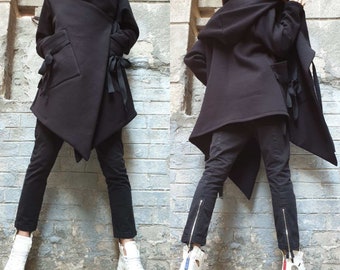 Extravagant Coat/Asymmetric Black Coat/Casual Warm Coat/Designer Woman Clothing/Hooded Coat/Outer Pockets Coat/Everyday Coat/Urban Clothing