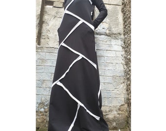 Black Hooded Maxi Dress – Asymmetric Cotton Dress with White Trim / Long Sleeve Avant-Garde Dress with Pockets / Cotton Blend Fleece  XS–5X