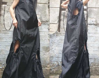 Black Kaftan Dress/Extravagant Sleeveless Summer Dress/Asymmetric Party Woman Dress/Turtleneck Black Casual Dress/Maxi Dress