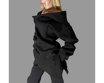 Black Asymmetric Winter Blouse with One Shoulder / Avant-Garde Cotton Top with External Seams