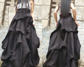 High Waist Linen Maxi Skirt / Avantgarde Asymmetric Black Skirt