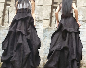 Extravagant Linen Skirt/High Waist Loose Black Skirt/Deconstructed Linen Skirt/Asymmetric Stylish Skirt/Avantgarde Long Skirt/Party Skirt