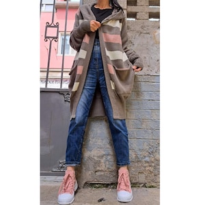 New Casual Knitted Vest/Extravagant Wool Long Cardigan/Hooded Outwear Woman Vest/Everyday Long Sleeve Vest/Vest With Outer Pockets