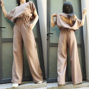 Linen Two Piece Set: Open Back Blouse, High Waist Trousers