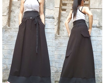 New Collection High Waist Skirt/Extravagant Long Black Skirt/Casual Comfortable Skirt/Side Pocket Cotton Skirt/Maxi Woman Clothing