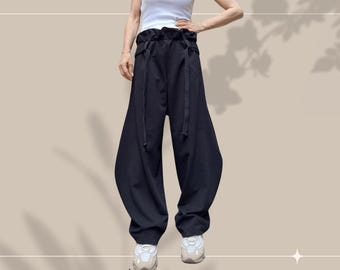 Black Balloon Pants for Women • High Waist Drawstring Loose