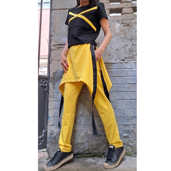 Neue beiläufige Frauenhosen / extravagante gelbe Hosen / Seitentaschenhosen / asymmetrische Baumwollhosen / Alltagsreißverschlusshosen / gelbe Frauenkleidung