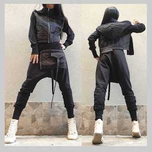 Outwear Women Outfit/Casual Comfortable Set/Asymmetric Jacket/Harem Pants/Urban Two Piece Outfit/Everyday Black Tracksuit /Drop Crotch Pants