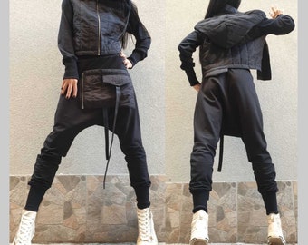 Outwear Women Outfit/Casual Comfortable Set/Asymmetric Jacket/Harem Pants/Urban Two Piece Outfit/Everyday Black Tracksuit /Drop Crotch Pants