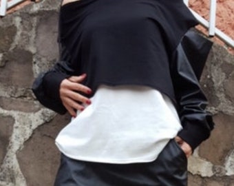 Extravagant Two Piece Woman Blouse/Eco Leather Cotton Top/Asymmetric Black White Blouse/Long Sleeve Party Top/Avantgarde Woman Clothing