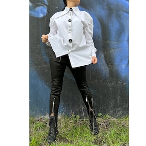 Extravagant Long Sleeve Shirt/White Collared Woman Shirt/Button Shirt/High Neck Shirt/Everyday Cotton Shirt/Avantgarde Loose Shirt