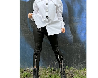 Extravagant White Cotton Shirt: Long Sleeve High Neck Button Shirt
