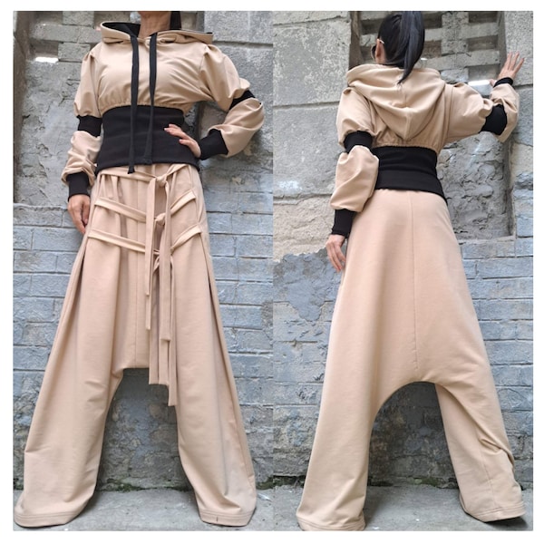 New Collection Two Color Set/Extravagant Outwear Woman Set/Loose Harem Pants/Shirt With A Hood/Asymmetric Set/Black Beige Outfit/Set