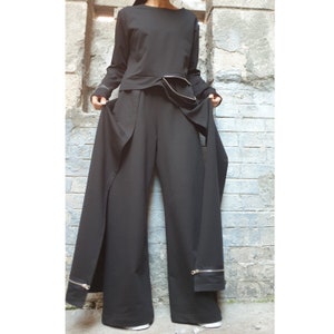 New Collection Asymmetric Set/Outwear Pants Blouse Set/Extravagant Black Set/Zipper Cotton Set/Maxi Woman Clothing/Party Cotton Black Set