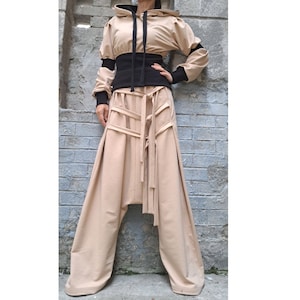 Beige Harem Pants Set: Asymmetric Hooded Top, Extravagant Two-Piece Outfit