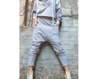 Grey Cotton Tracksuit Set – Women’s Hoodie & Drop-Crotch Harem Pants / Minimalist Streetwear Two-Piece / XS–5XL