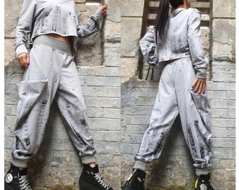 New Collection Hand Painted Grey Suit/Extravagant Cotton Pants Blouse Set/Avantgarde Woman Clothing/Designer Hand Painted Set