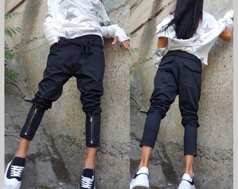 Urban Women Black Pants/Casual Comfortable Trousers/ Extravagant Zipper Pants/Harem Cotton Trousers/Everyday Extra Long Pants/Unique Pants