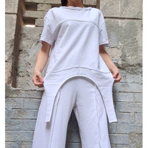 Asymmetric Short Sleeve Blouse/Casual Comfortable Top/Everyday Soft Cotton Blouse/Summer White Blouse/Maxi Cotton Blouse/White T-shirt