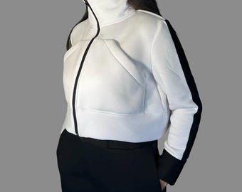 Cropped White Fleece Jacket – High Collar Winter Top / Women’s Streetwear Sweatshirt / Zip Up Hoodie / Designer Warm Sweater XS–5XL