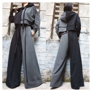 Outwear Two Piece Woman Set/Wide Leg Trousers/Long Sleeve Blouse/Hooded Cotton Set/Extravagant Pants Blouse Set/Two Color Set/Everyday Set