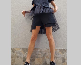 Black Avant Garde Two Piece Set, Asymmetrical Tulle Top, Cotton Shorts Set, Summer Outfit, Designer Matching Set, Streetwear Black Clothing