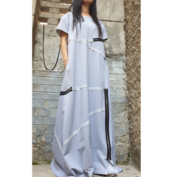 Grey Maxi Designer Dress - Avant-Garde Cut Dress with Zippers & Exposed Seams / Cotton Fleece Jersey / Oversized Architectural Dress XS-5XL