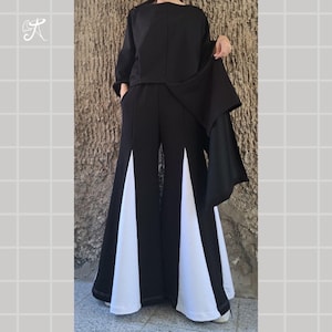 Oversized Handmade Black Off-Shoulder Shirt • Asymmetric Loose Fit Top • Black Wide Long Pants with White Detail • Stylish Two-Piece Set