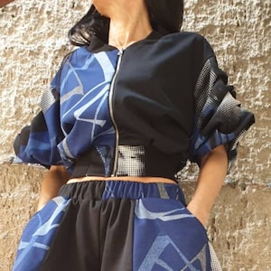 Extravagant Bomber/Colourful Short Jacket/Asymmetric Party Bomber/Casual Bomber Jacket/Short Sleeve Summer Jackets/Urban Woman Clothing