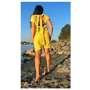 Linen Summer Romper with Open Back / Adjustable Tie Waist / Sleeveless Jumpsuit with Pockets / Sizes S-5XL / AngelBySilvia