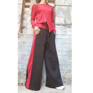 New Outwear Black Red Outfit/High Waist Pants/Long Sleeve Zipper Blouse/Casual Cotton Set/Extravagant Pants Blouse Set/Sport Elegant Set