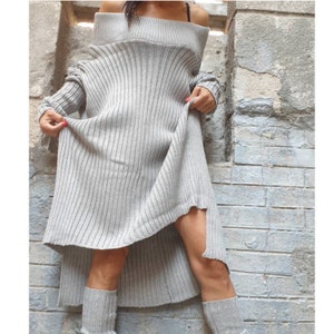 New Knitted Grey Sweater/Loose Winter Sweater/Oversize Long Sweater/Warm Off-Shoulder Sweater/Asymmetric Wool Sweater/Long Sleeve Sweater