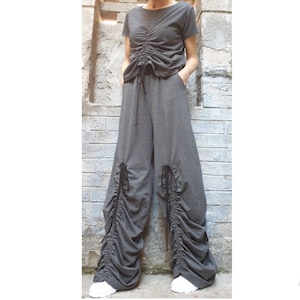 New Outwear Dark Grey Woman Outfit/Pants Blouse Cotton Set/High Waist Long Pants/Short Sleeve Blouse/Extravagant Set/Asymmetric Set