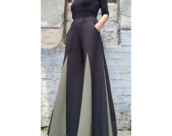 High-Waisted Wide Leg Skirt-Pants / Flared Palazzo Pants with Elastic Waist and Side Pockets / Two-Tone Avant-Garde Trousers