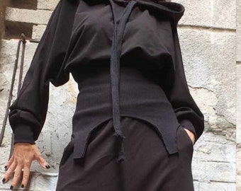 Asymmetric Hooded Blouse – Black Cotton Stretch Top with Ribbed Waist / Avant-Garde Long Sleeve Hoodie / Women’s Urban Fashion