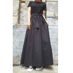 New Daywear Dress/Extravagant Long Dress/Short Sleeve Summer Dress/Black Kaftan/Gothic Woman Dress/Dress with Belt/Street Long Black  Dress